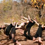 Semaphore dancers bending backwards in the woods