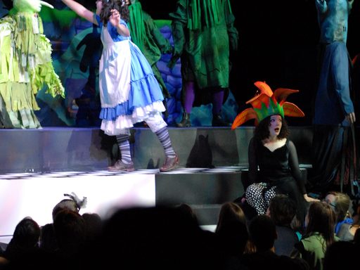 Actors on stage during a performance of "Alice in Wonderland"