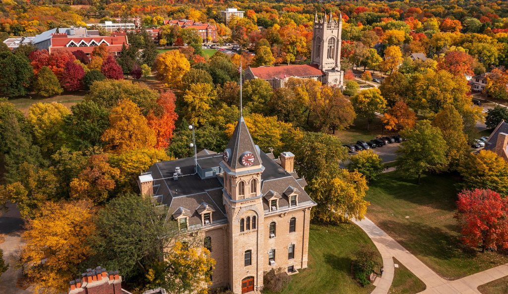 Aerial view of campus with Willis Hall in foreground