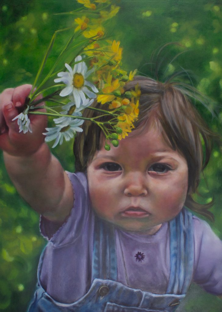 Oil painting of a toddler holding a bunch of wildflowers