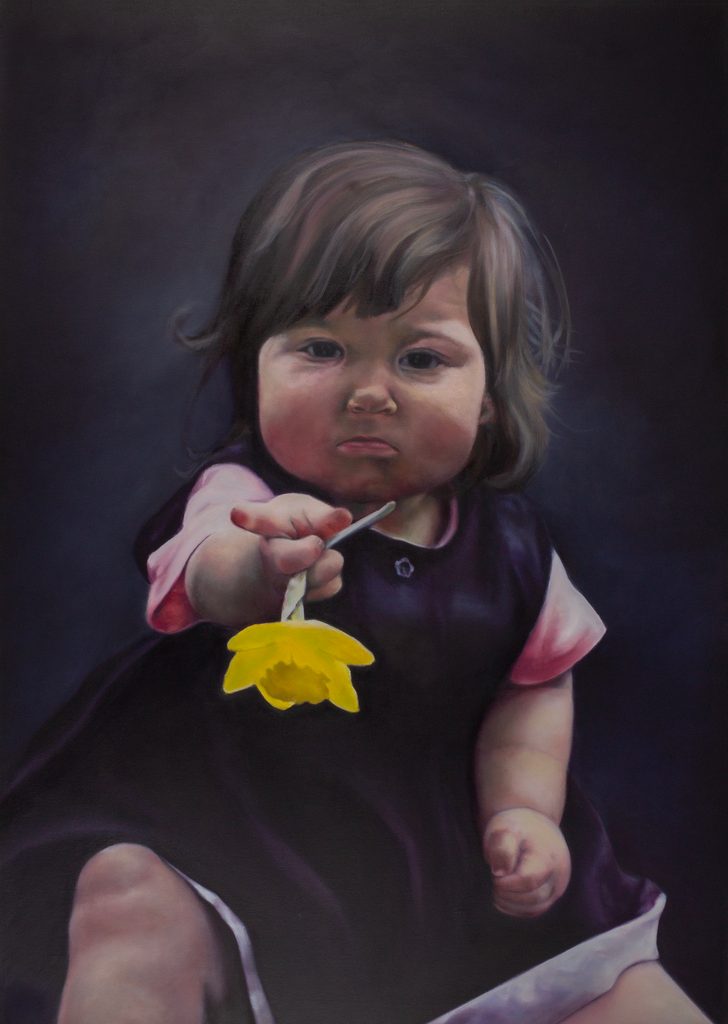 Oil painting of a toddler holding a single yellow flower