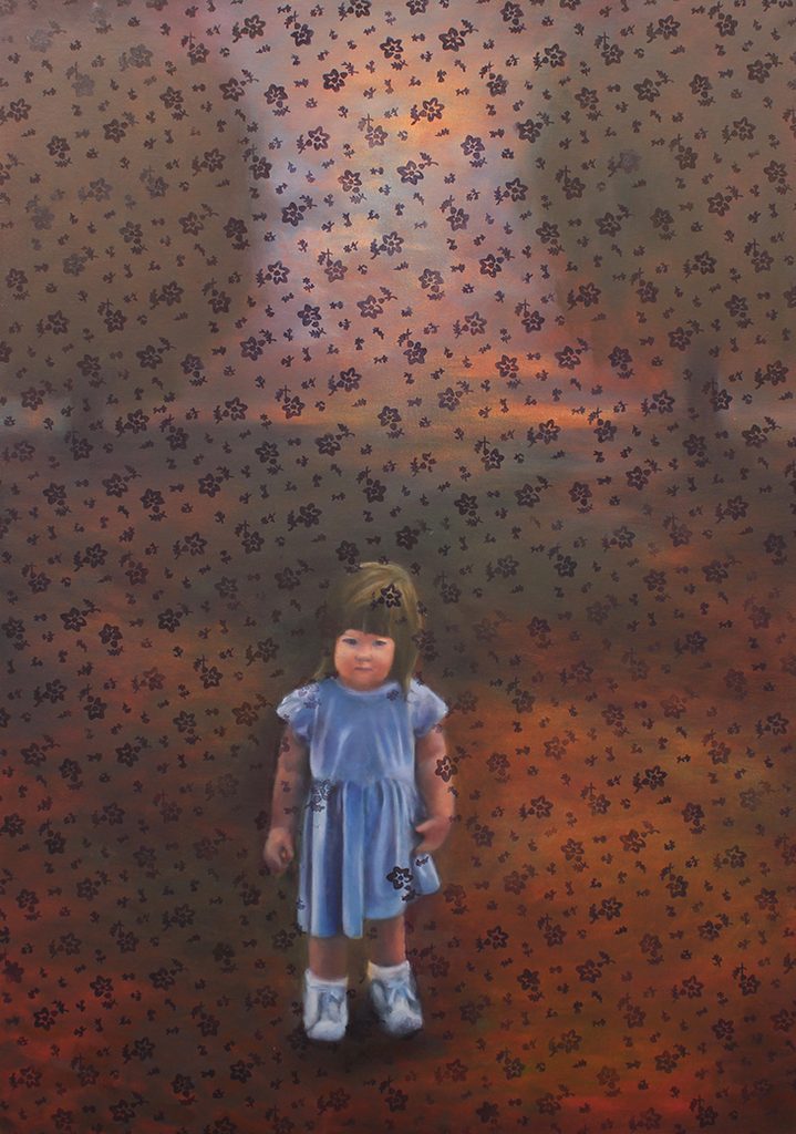 Oil painting of a little girl in a blue dress