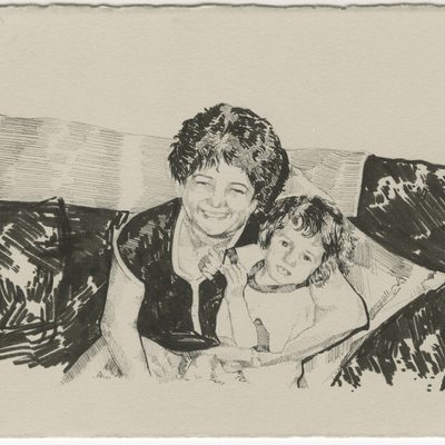 ink drawing of a grownup and a child on a couch