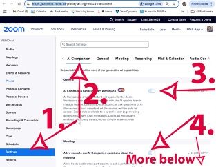 Zoom AI Companion Settings in web application, showing where to find the AI Companion and where to toggle features off and on.