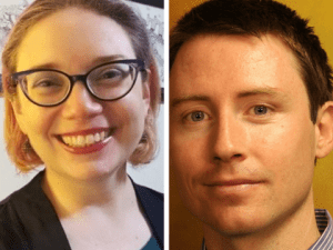 vertically split image with Sarah Calhoun on the left and Sean Leahy on the right.