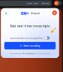 Otter screen shot showing Get real time transcripts, with an arrow pointing to the option to toggle off the automatic recording option.