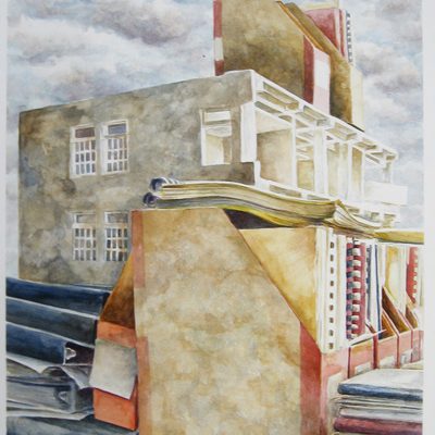 watercolor of office supplies surrounding a nondescript office building