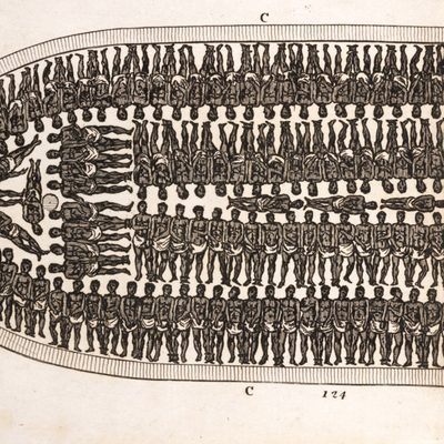 Antique print of a ship filled with enslaved africans