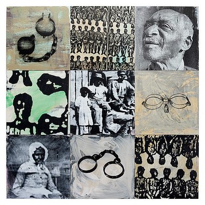 wooden panels with silkscreen and painted images of slavery