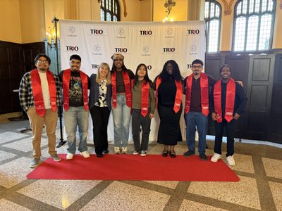 Rosie and her TRIO Senior Advisees (from the left to the right): Francisco Arenas '26, Christopher Pliego Rodriguez '26, Rosie Pfarr-Baker, Hanna Hunde '26, Lisvel Sagbaicela '26, Vivian Agugo '26, Omar Sierra '26, and Ekow Anderson '26