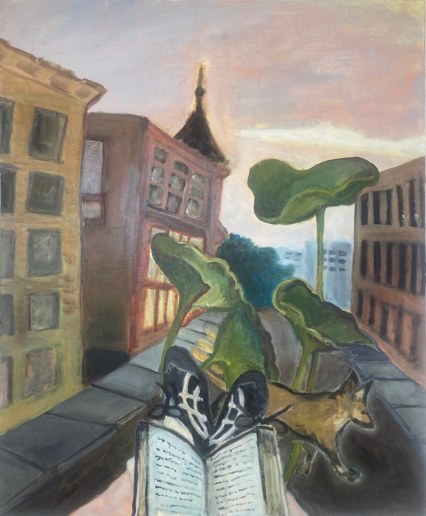 Oil painting of downtown Northfield, Minnesota, seen from the point of view of someone reading a book. A fox or dog is crossing the street.