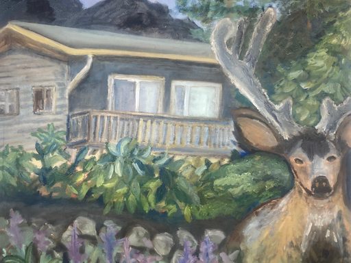 Oil painting of a deer in front of a house in a mountainous setting