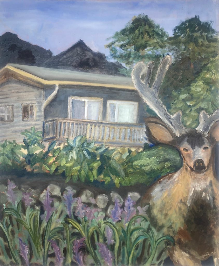 Oil painting of a deer in front of a house in a mountainous setting