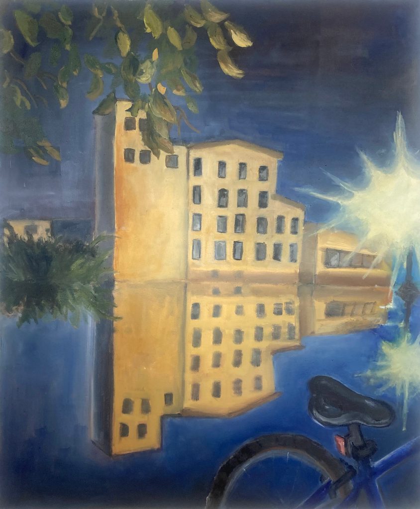 Oil painting of the Ames Mill in downtown Northfield, Minnesota at night