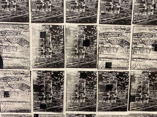 A series of relief prints on paper featuring images of the Saxonville Mill in Framingham, MA and the El Cerrito Bay Area Rapid Transit (BART) station