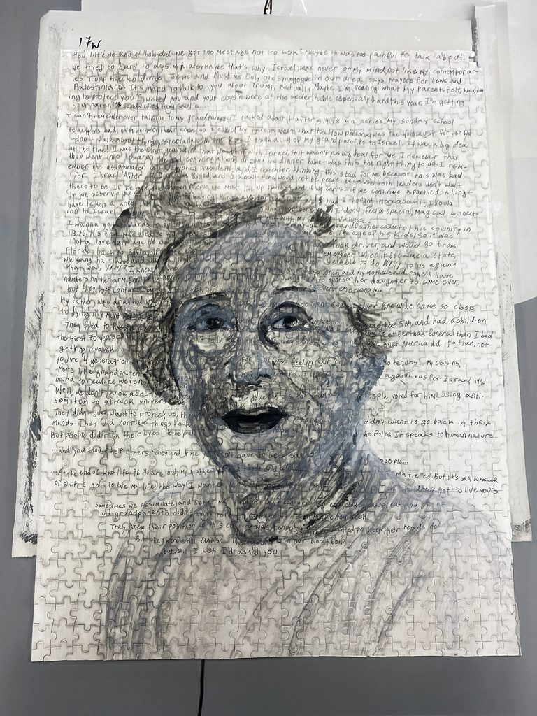 Painting of an elderly woman overlaid with handwriting