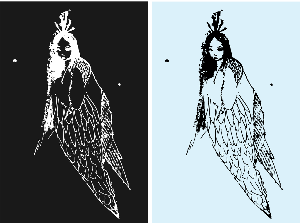 Risograph image of a bird with a woman's head