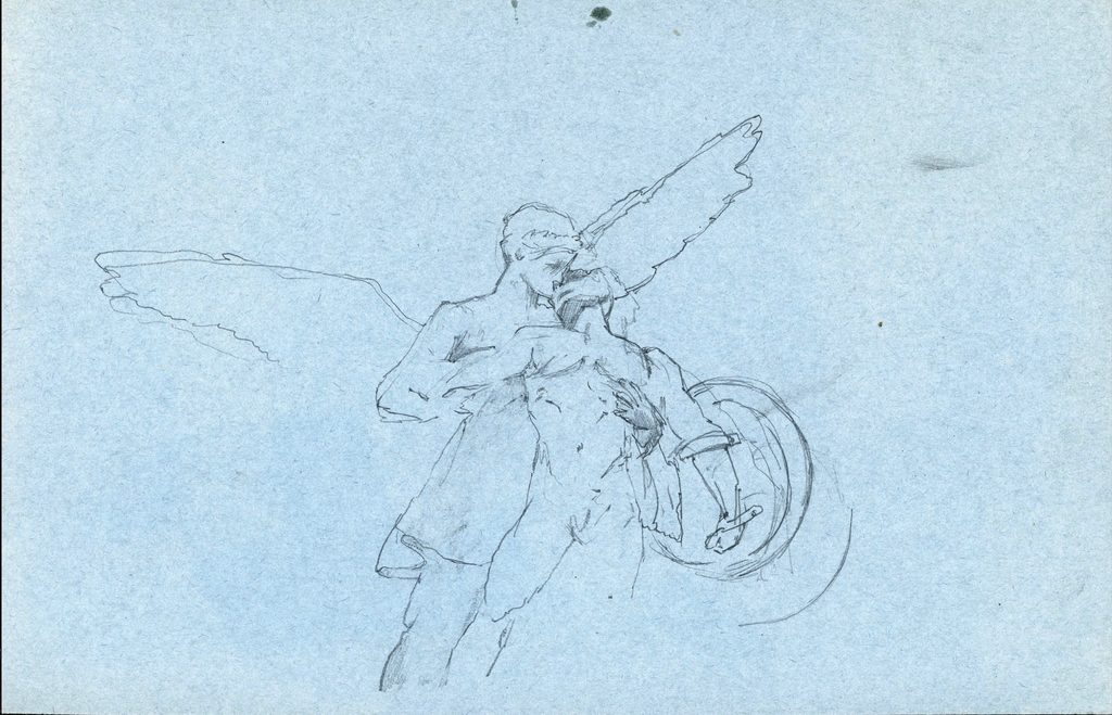 Pencil drawing of an angel embracing a hero wielding a shield
