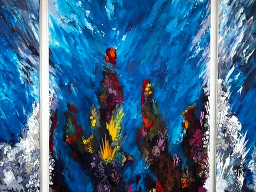 Detail of a three-panel painting of a colorful coral reef in a blue ocean