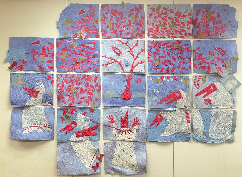 Sculptural artwork made of handmade paper, buckthorn leaves, string