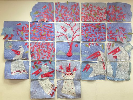 Sculptural artwork made of handmade paper, buckthorn leaves, string