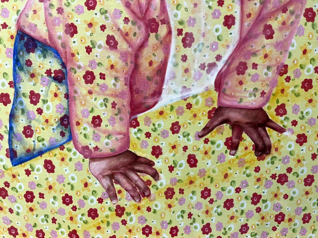 Oil painting of a baby crawling