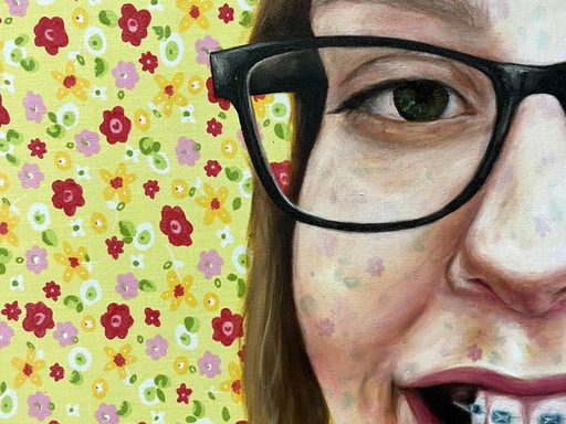 Oil painting of a young teen girl with braces on her teeth