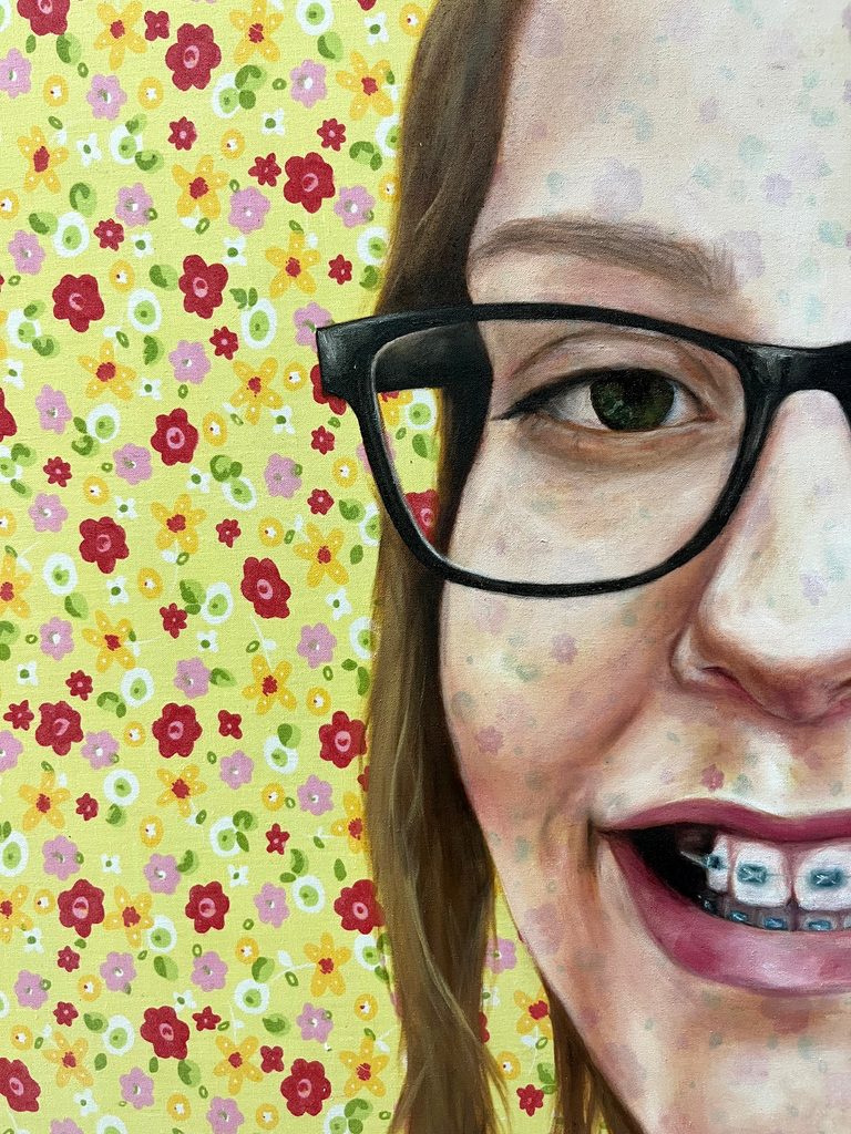 Oil painting of a young teen girl with braces on her teeth