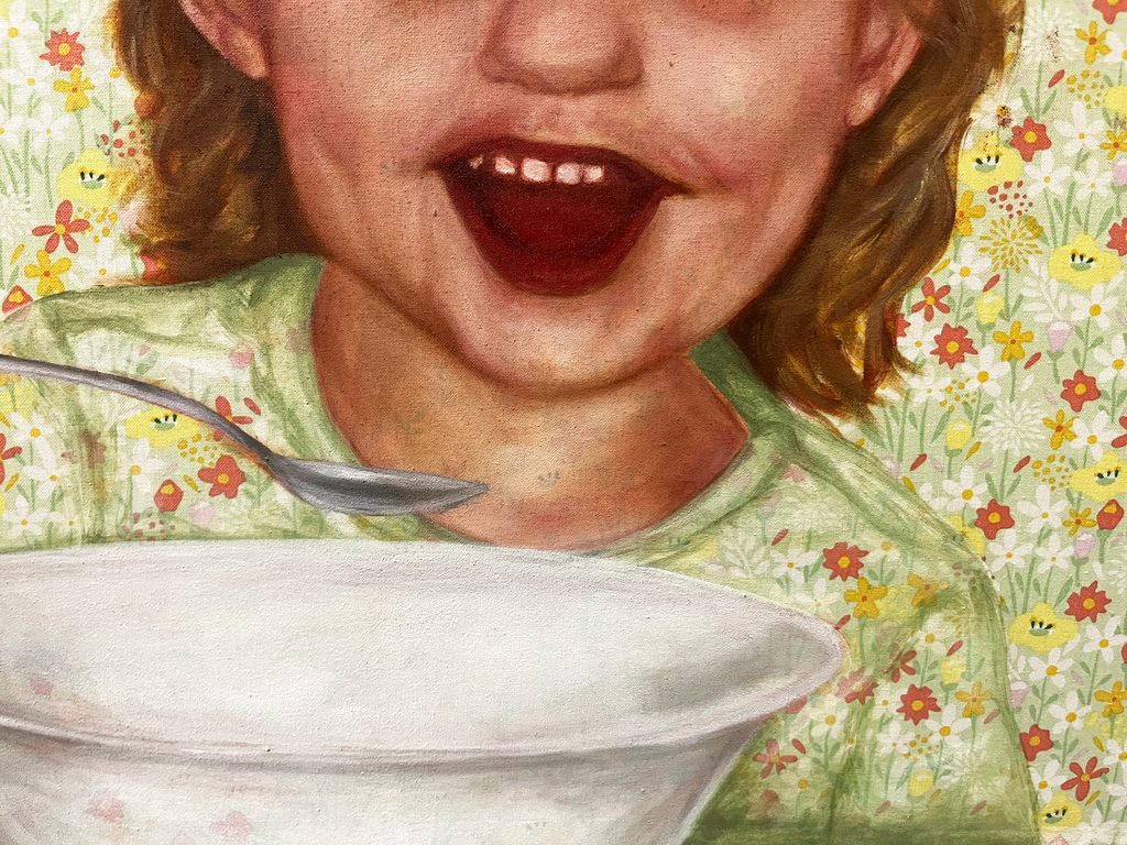 Oil painting of a toddler girl with a spoon and bowl