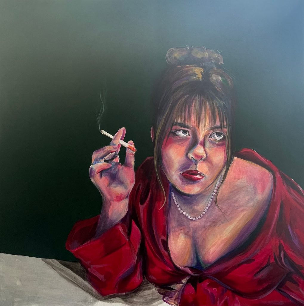 Acrylic painting of a young woman smoking a cigarette. She wears a low-cut red dress.
