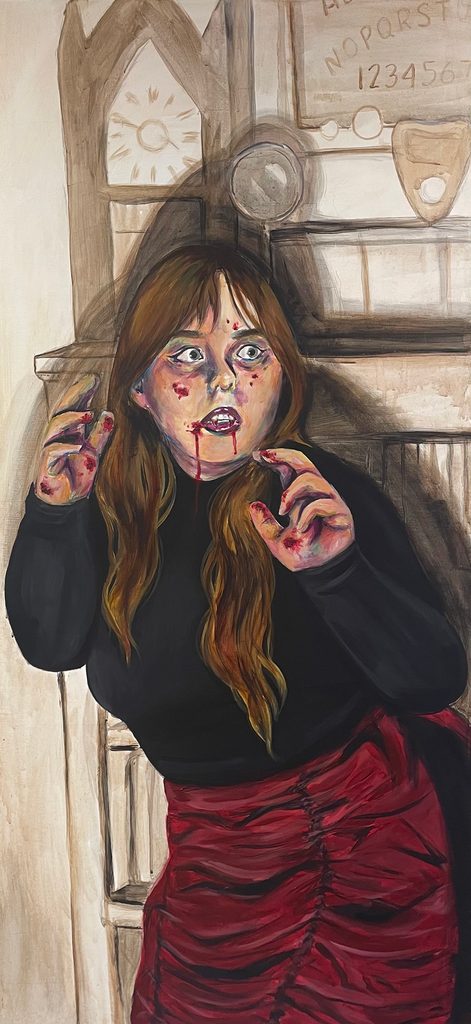 Acrylic painting of a young woman with blood on her face, hands, and mouth. An antique clock and ouija board are behind her.