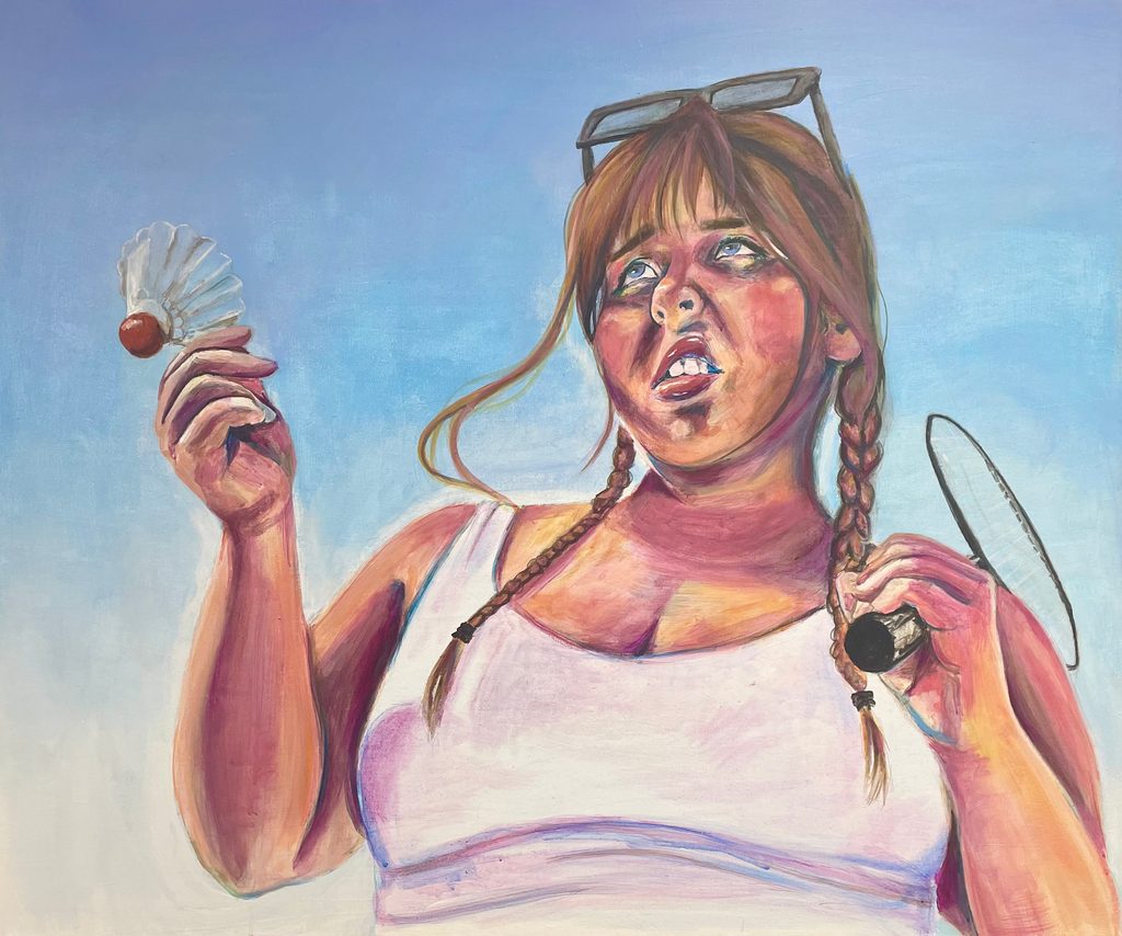 Acrylic painting of a young woman outdoors holding a badminton racket and shuttlecock