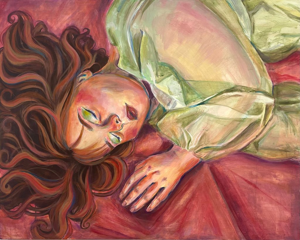 Acrylic painting of a young woman lying on a bed with her eyes closed. She wears a sheer green top and her hair is arrayed on a maroon bedspread