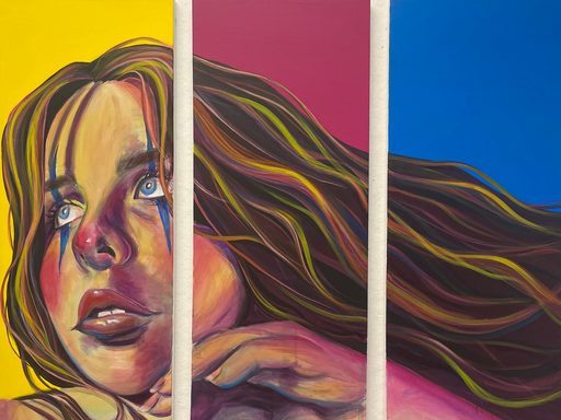Acrylic painting of a young woman. The background is a series of three vertical panels in yellow, magenta, and cyan blue