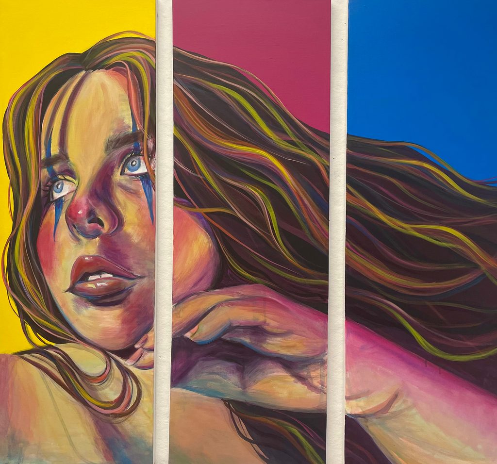 Acrylic painting of a young woman. The background is a series of three vertical panels in yellow, magenta, and cyan blue