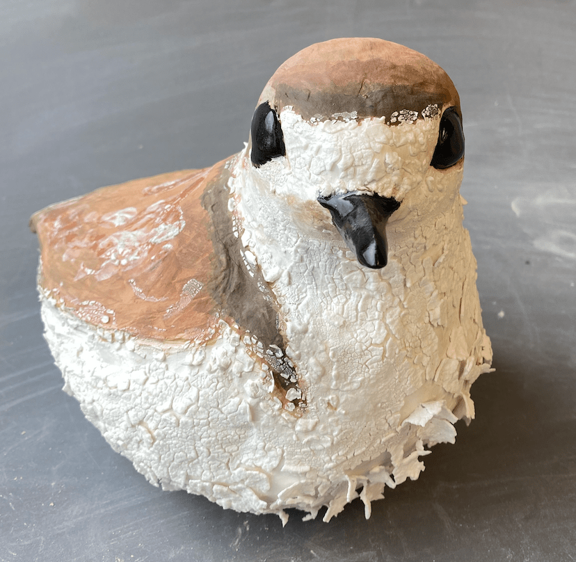 Ceramic sculpture of a snowy plover, a small, plump shorebird with a large head, a short, slender bill, and short tail