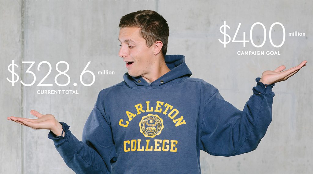 Photo illustration of a student with the campaign dollar amounts (current: $328.6 million, goal: $400 million) hovering above his hands