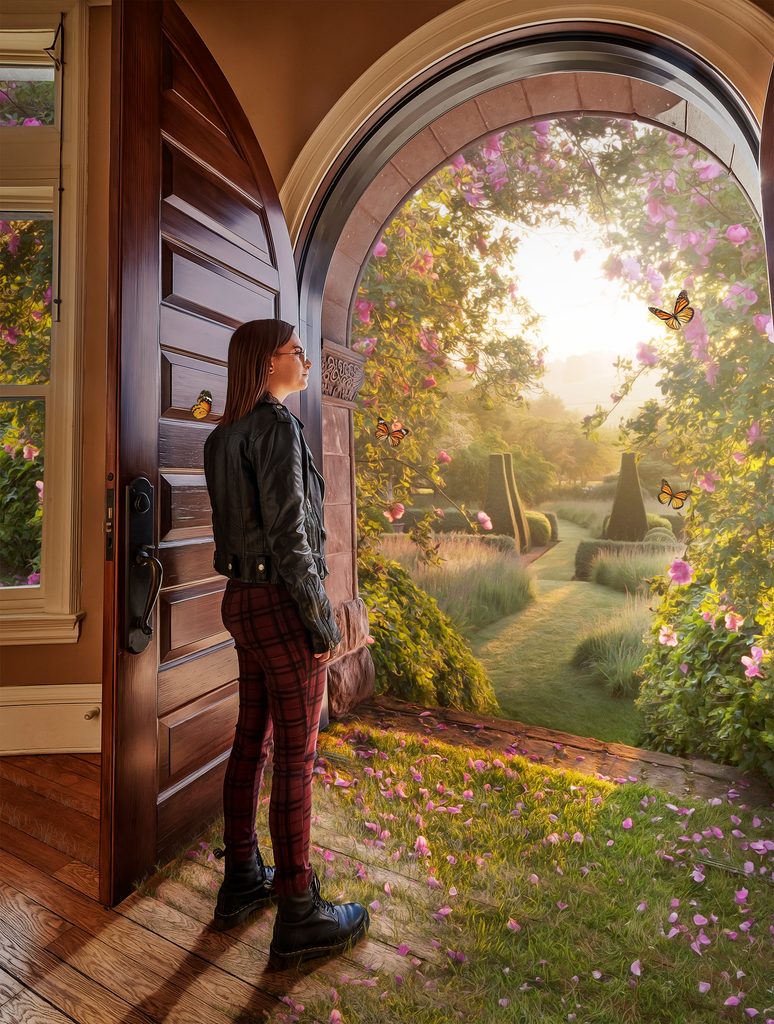 Photo illustration: A student look out a doorway containing a magical landscape with butterflies and topiary