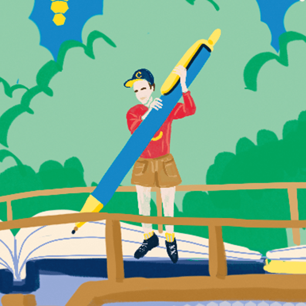 illustration of student holding a life size pen