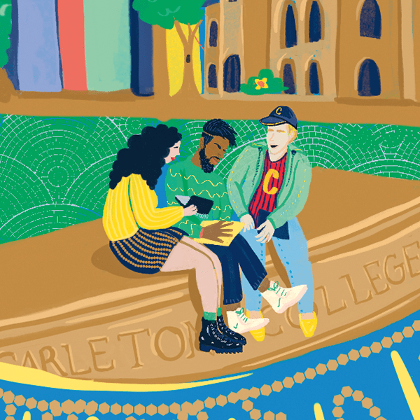 illustration of three students sitting on the Carleton stone sign