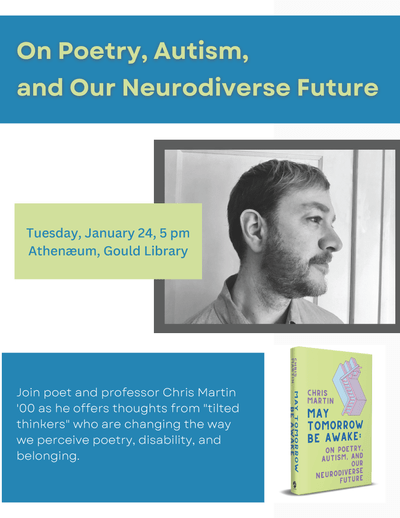 Poster advertising Chris Martin's January 24 talk at 5pm in the Athenaeum.