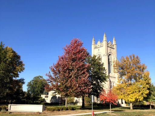 chapel and colorful fall trees