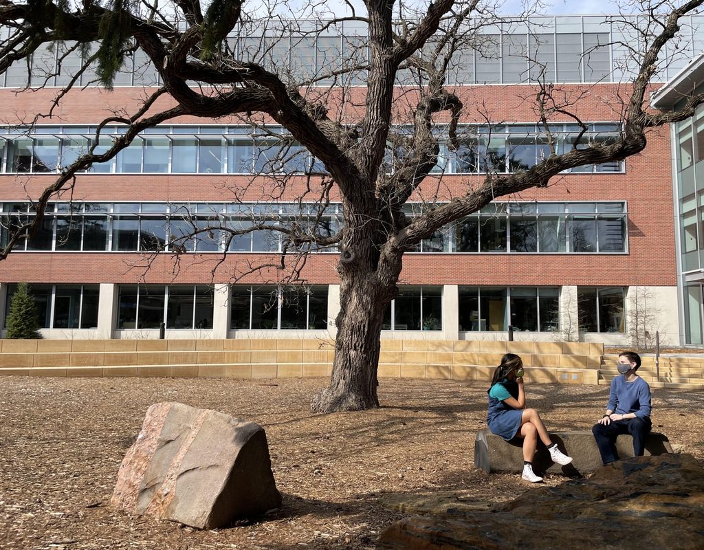 students talking in ampitheater