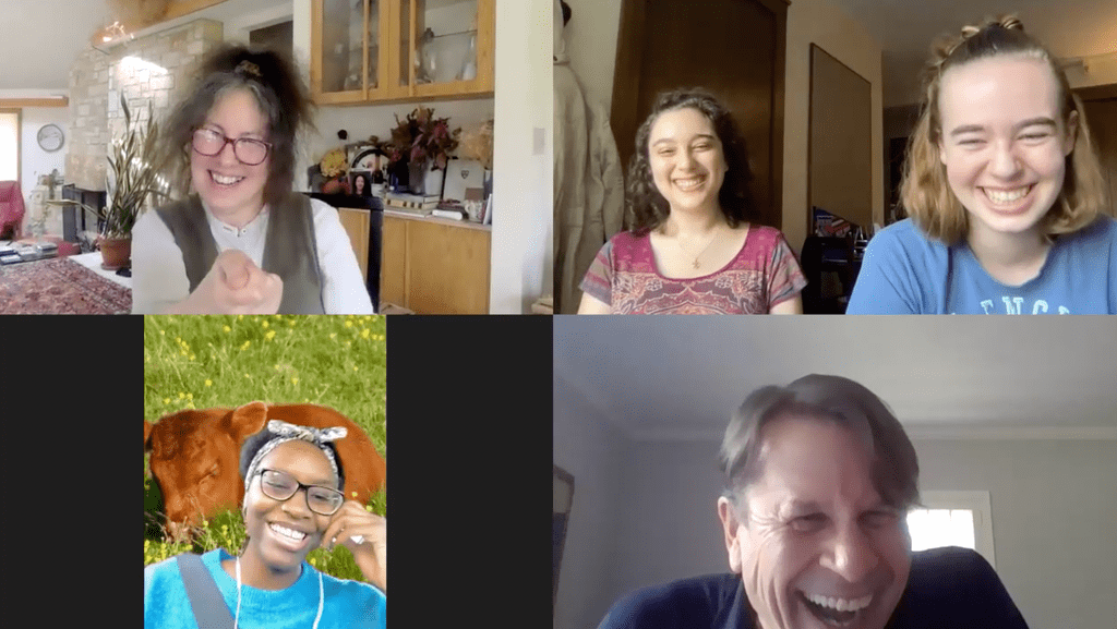 Tim, Connie, Julia, Madeline, & Octavia caught mid-laugh in a Zoom interview.